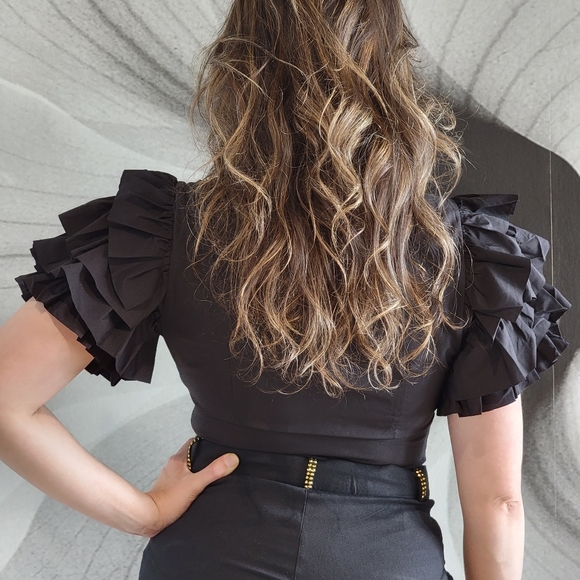 Black Cutout Ruffle Sleeve Bodysuit – High Neck Statement Party Top - Picture 5 of 8